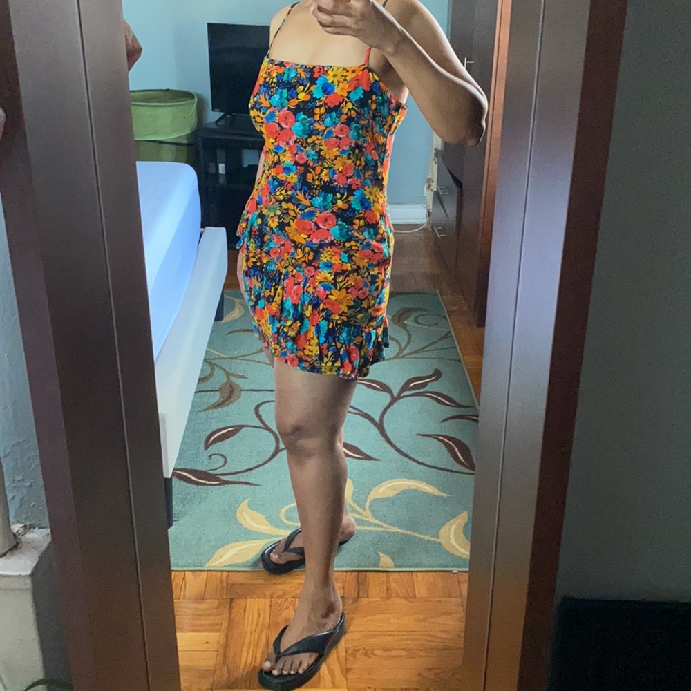 Spaghetti strap orange and turquoise floral mini